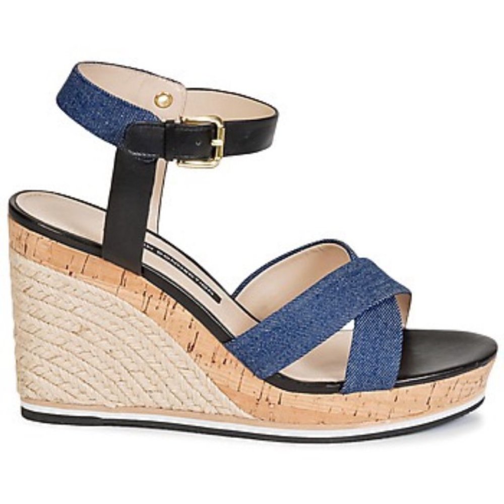 French Connection LATA Denim Blue Wedge Espadrilles Size 7